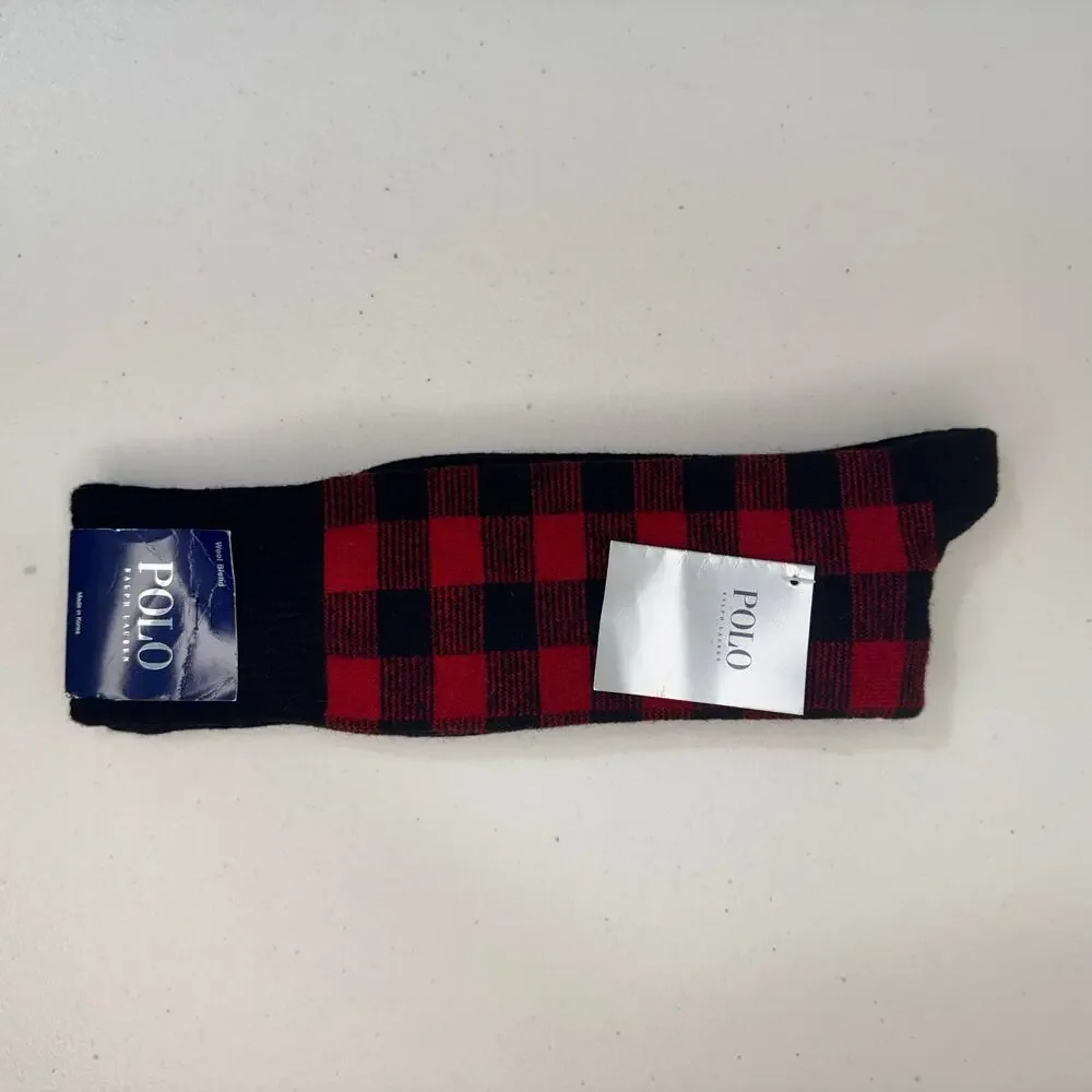 Polo Ralph Lauren Lambs Wool Blend Socks Red & Black Buffalo Plaid Check Print
